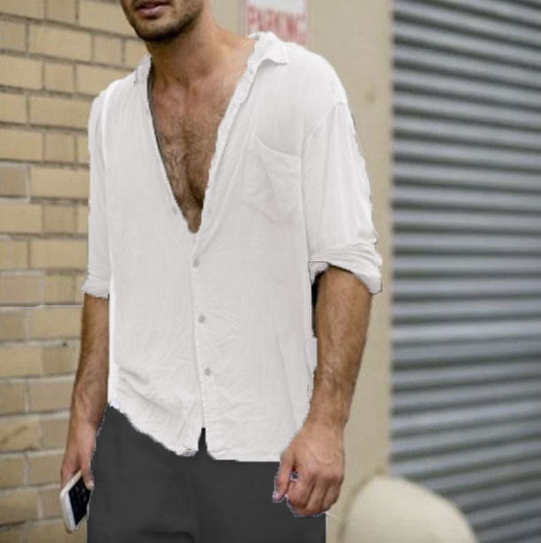 Chemise homme à revers, décontractée, manches longues, uni, avec poche