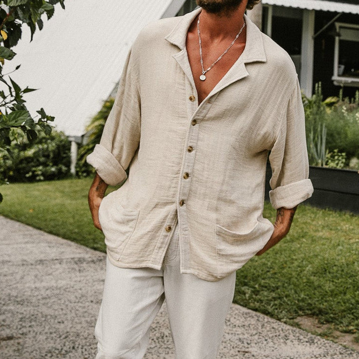 Chemise homme à revers, décontractée, manches longues, uni, avec poches