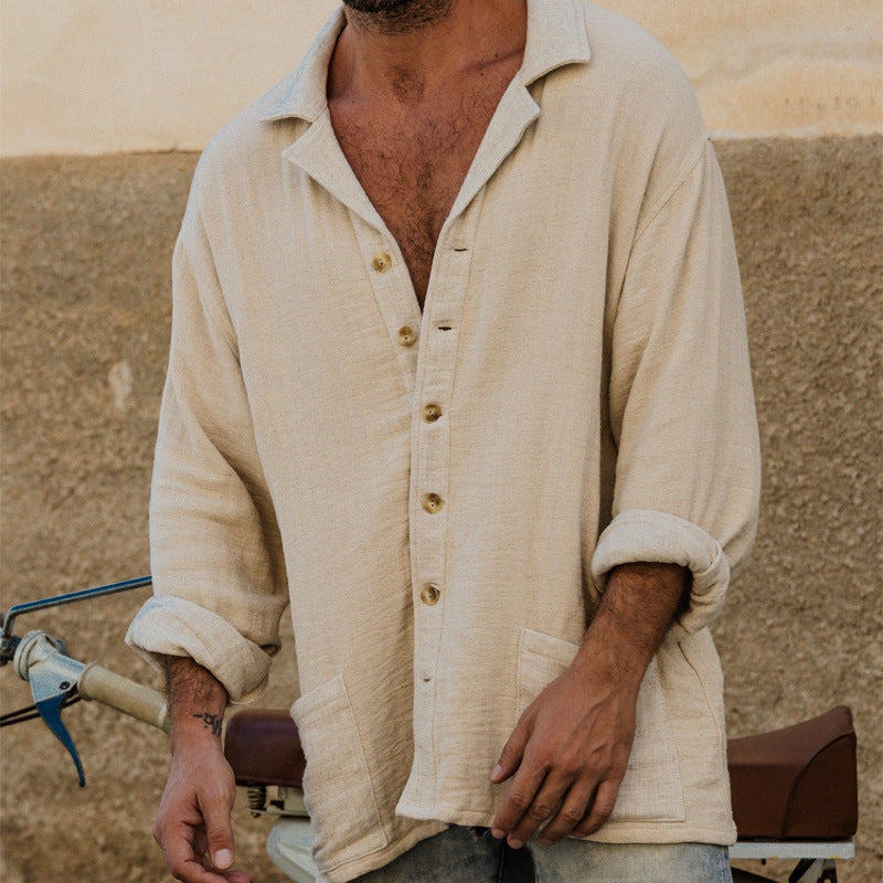 Chemise homme à revers, décontractée, manches longues, uni, avec poches