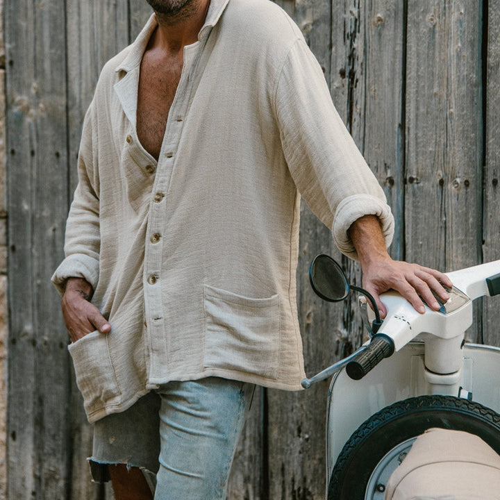Chemise homme à revers, décontractée, manches longues, uni, avec poches