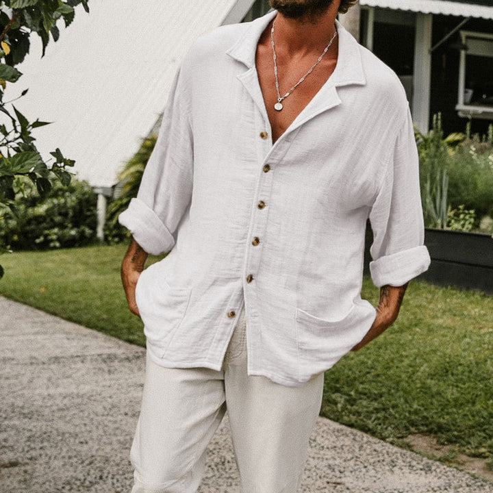 Chemise homme à revers, décontractée, manches longues, uni, avec poches