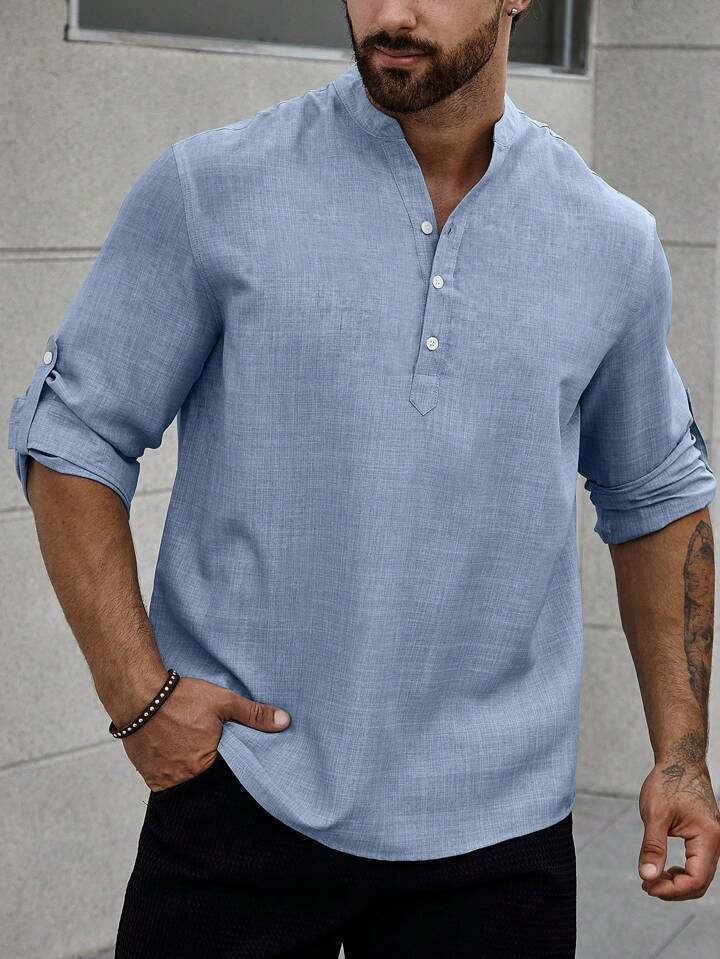 Chemise homme col montant, décontractée, manches longues, uni
