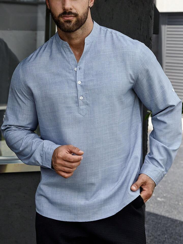 Chemise homme col montant, décontractée, manches longues, uni