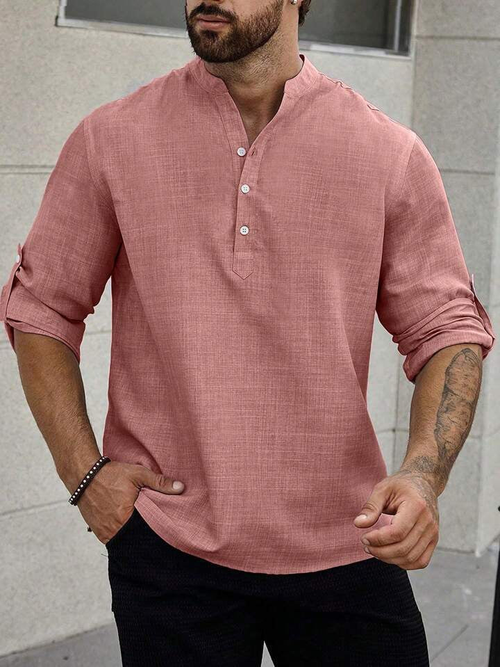 Chemise homme col montant, décontractée, manches longues, uni