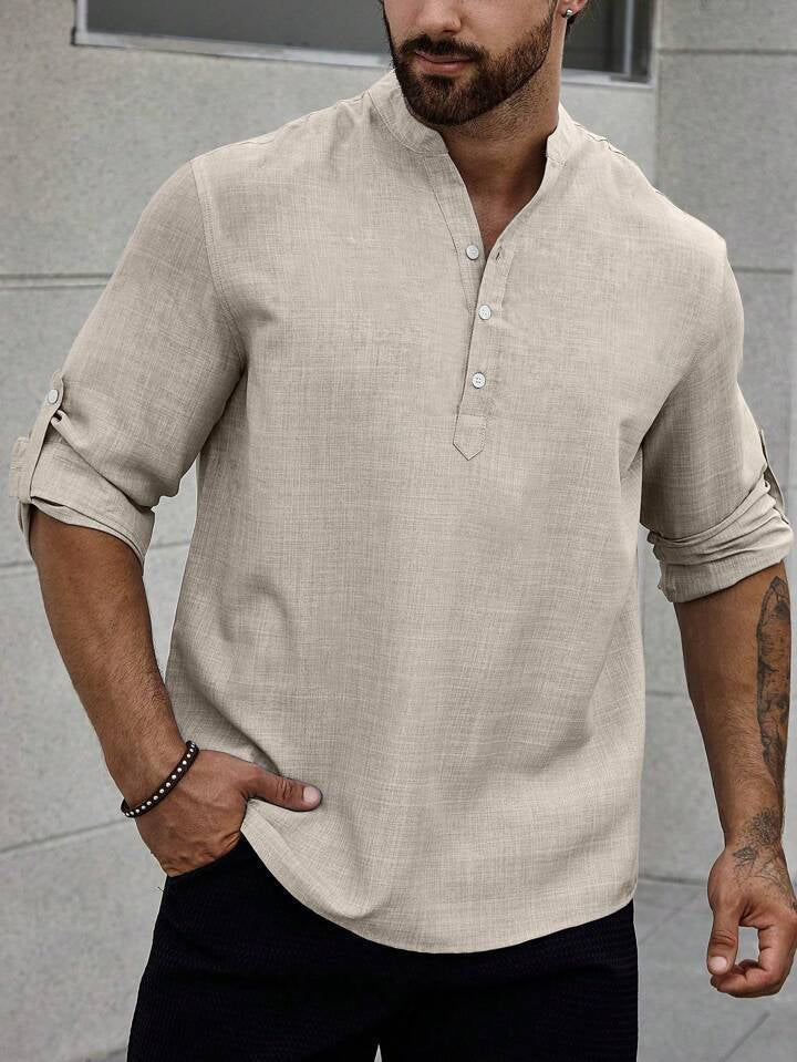 Chemise homme col montant, décontractée, manches longues, uni