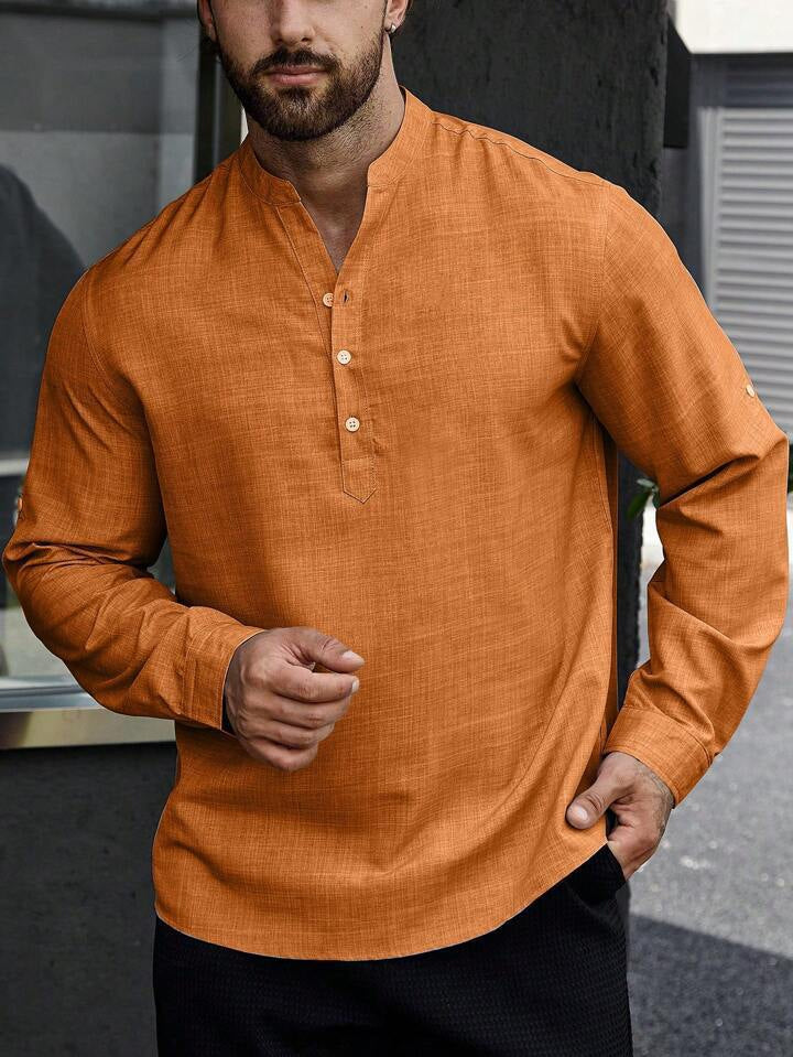 Chemise homme col montant, décontractée, manches longues, uni