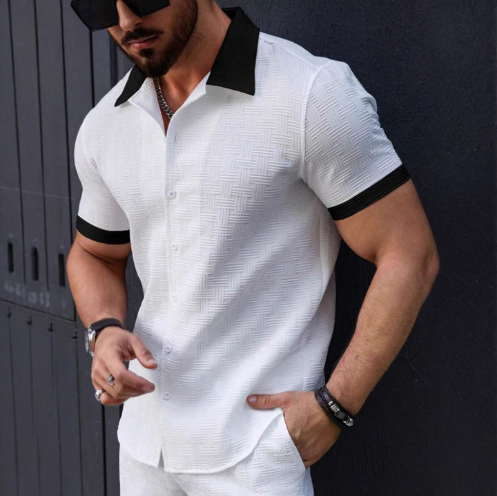 Chemise homme mode, manches courtes, jacquard, rayée, décontractée chic