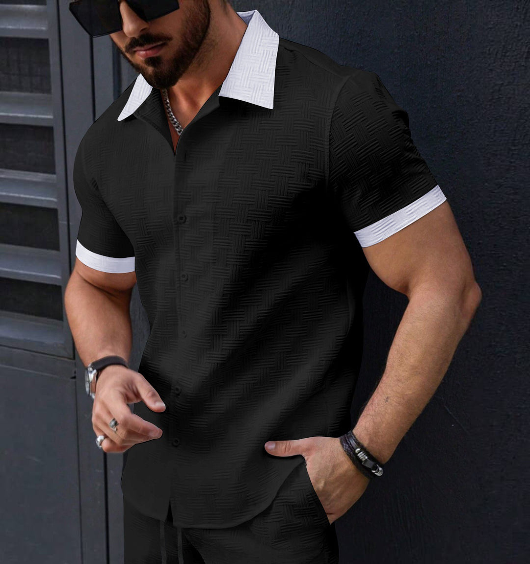 Chemise homme mode, manches courtes, jacquard, rayée, décontractée chic