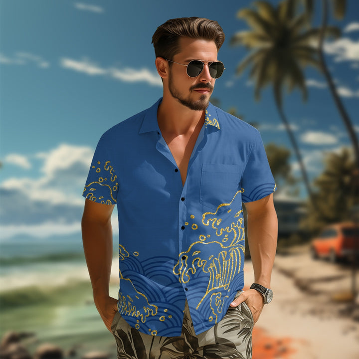 Chemise homme ample, manches courtes, coton, décontractée, motif vague