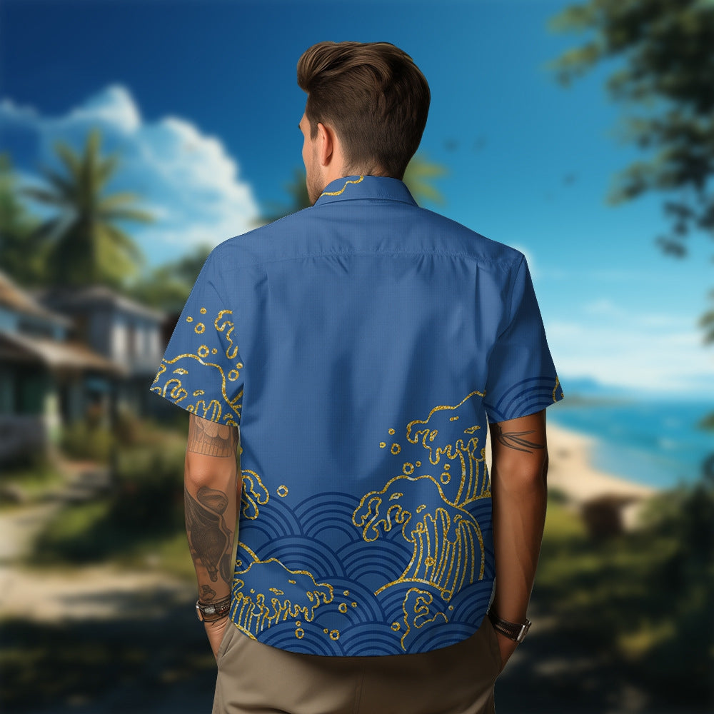 Chemise homme ample, manches courtes, coton, décontractée, motif vague