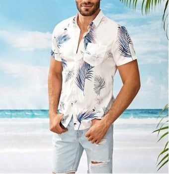 Chemise homme décontractée, manches courtes, imprimé feuilles, pour plage