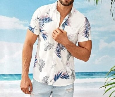 Chemise homme décontractée, manches courtes, imprimé feuilles, pour plage