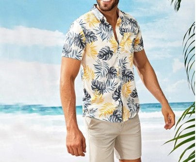 Chemise homme décontractée, manches courtes, imprimé feuilles, pour plage