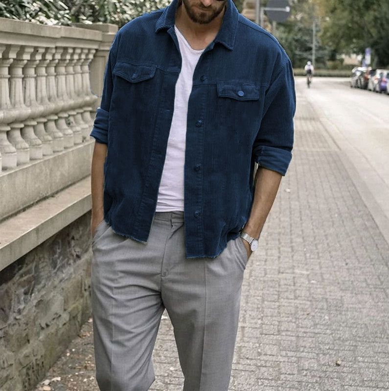 Veste homme manches longues, décontractée, style punk, velours côtelé, ample, avec poches
