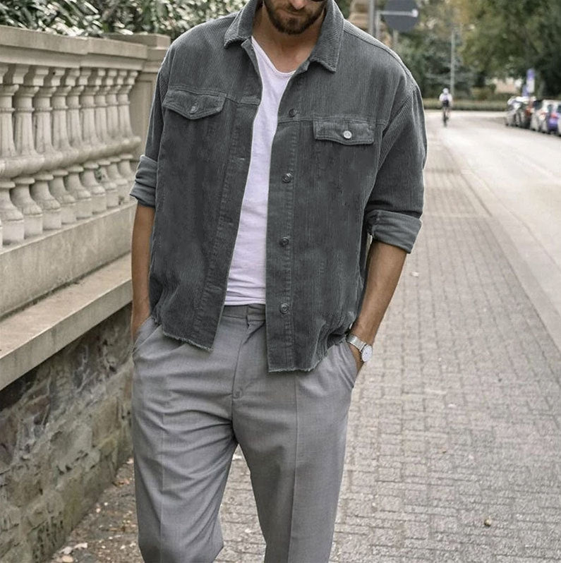 Veste homme manches longues, décontractée, style punk, velours côtelé, ample, avec poches