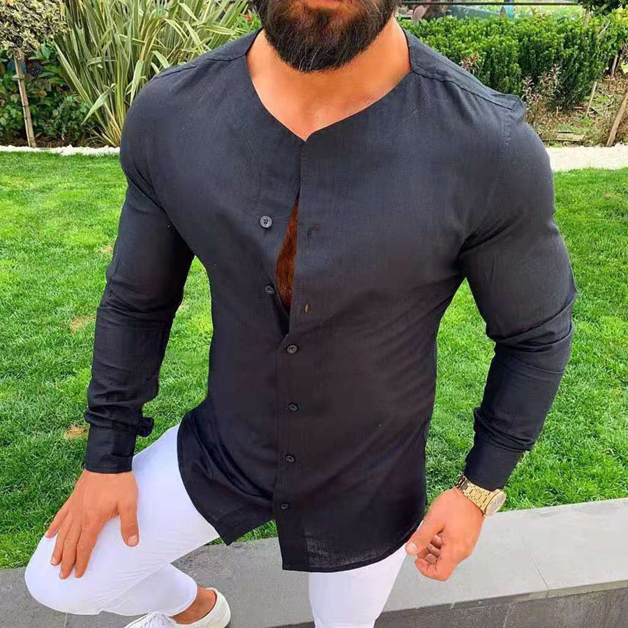 Chemise homme col rond, manches longues, coupe slim, uni