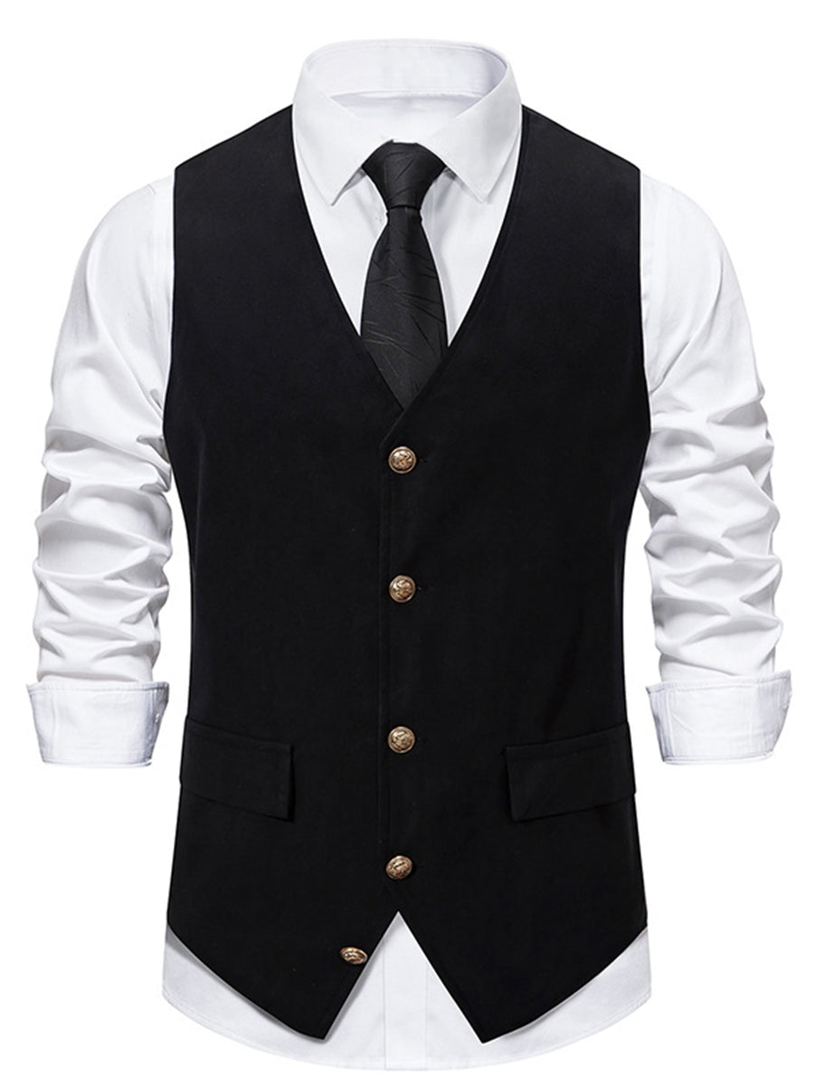Gilet homme noir, rétro, col V, uni, droit, boutons, décontracté, quotidien, avec poche et ceinture