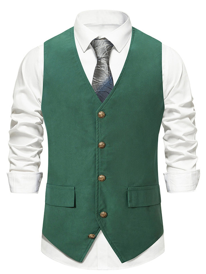 Gilet homme noir, rétro, col V, uni, droit, boutons, décontracté, quotidien, avec poche et ceinture