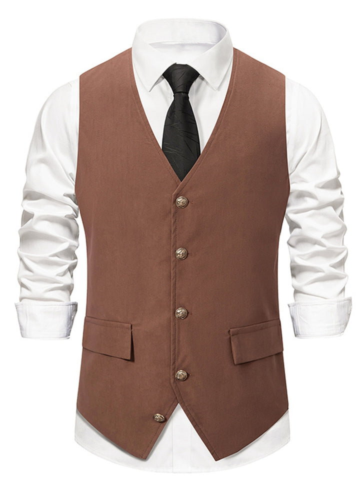 Gilet homme noir, rétro, col V, uni, droit, boutons, décontracté, quotidien, avec poche et ceinture