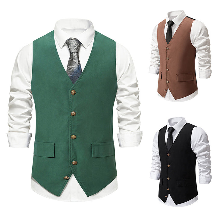 Gilet homme noir, rétro, col V, uni, droit, boutons, décontracté, quotidien, avec poche et ceinture