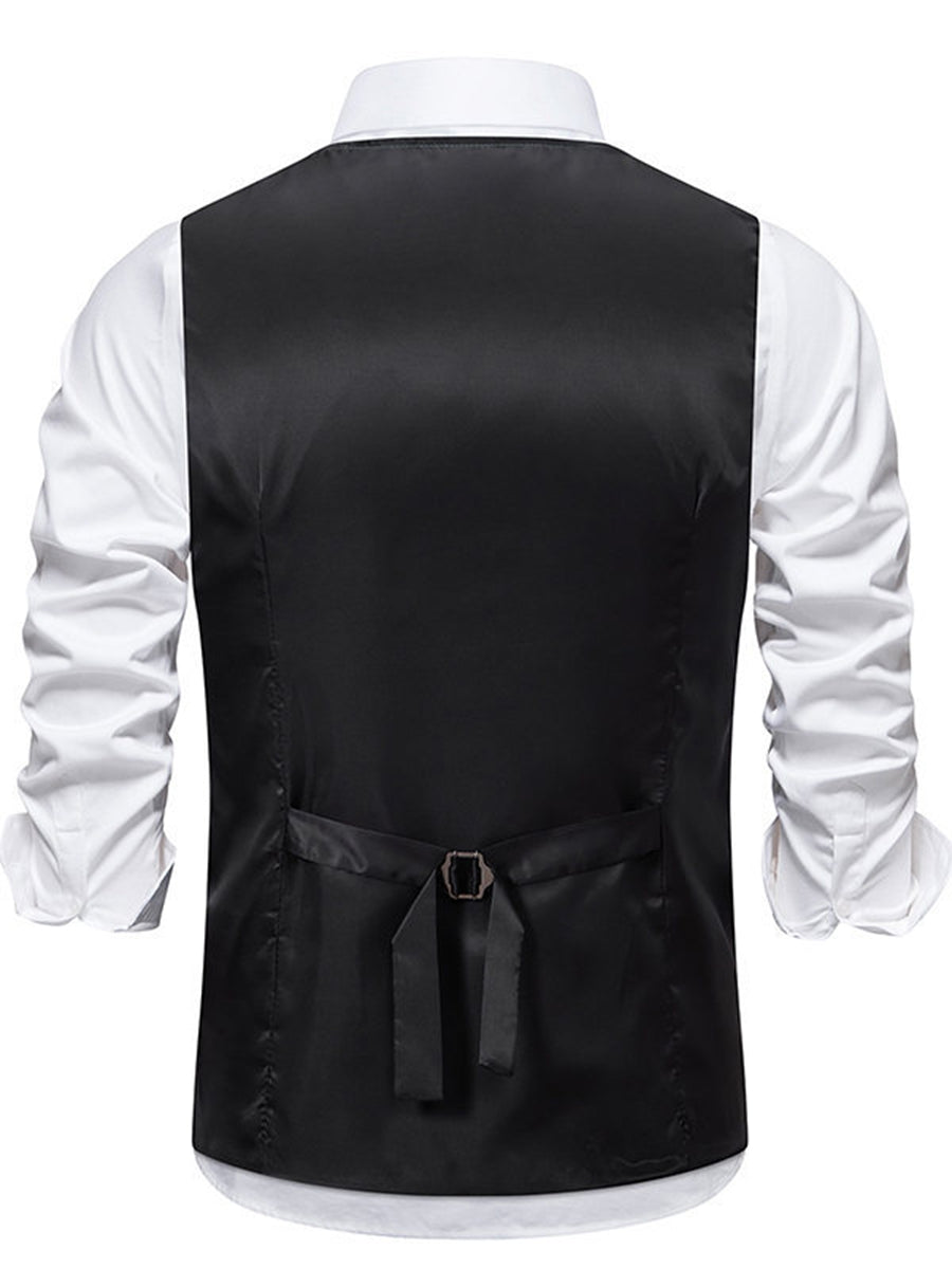 Gilet homme noir, rétro, col V, uni, droit, boutons, décontracté, quotidien, avec poche et ceinture