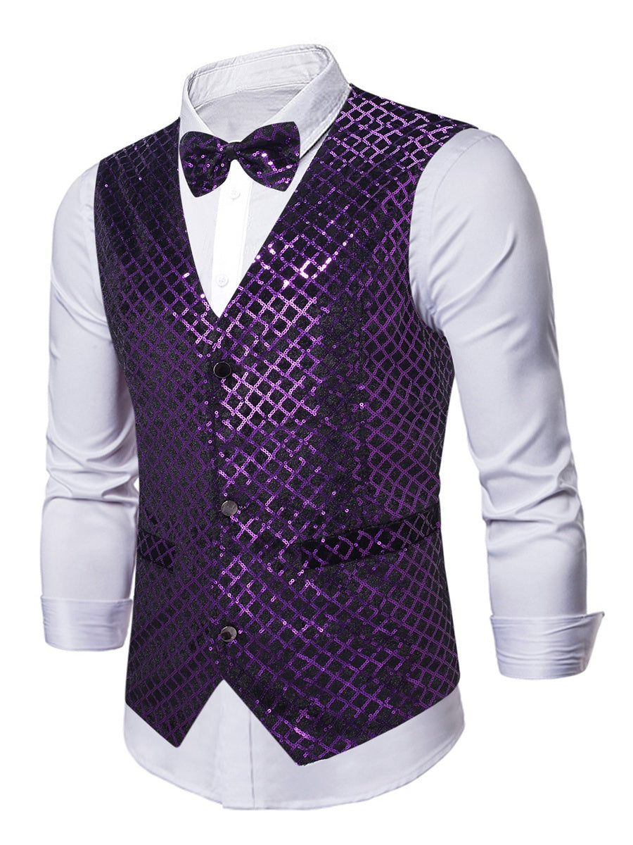 Gilet homme violet, sequins, col V, droit, boutons, scintillant, avec poche et ceinture