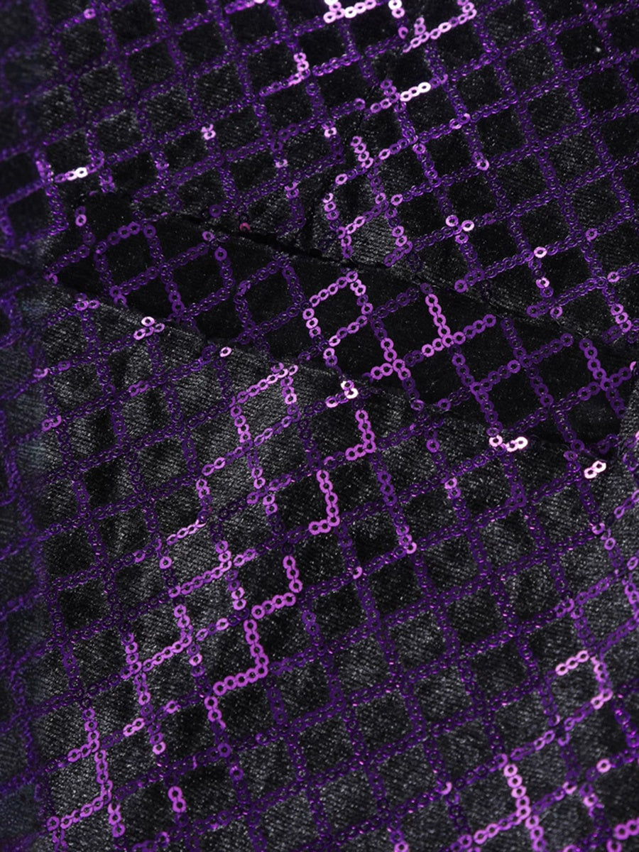 Gilet homme violet, sequins, col V, droit, boutons, scintillant, avec poche et ceinture