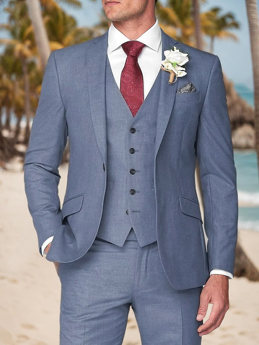 Costume homme 3 pièces bleu poussière, coupe ajustée, revers cranté, droit, 1 bouton, pour mariage/plage/galas