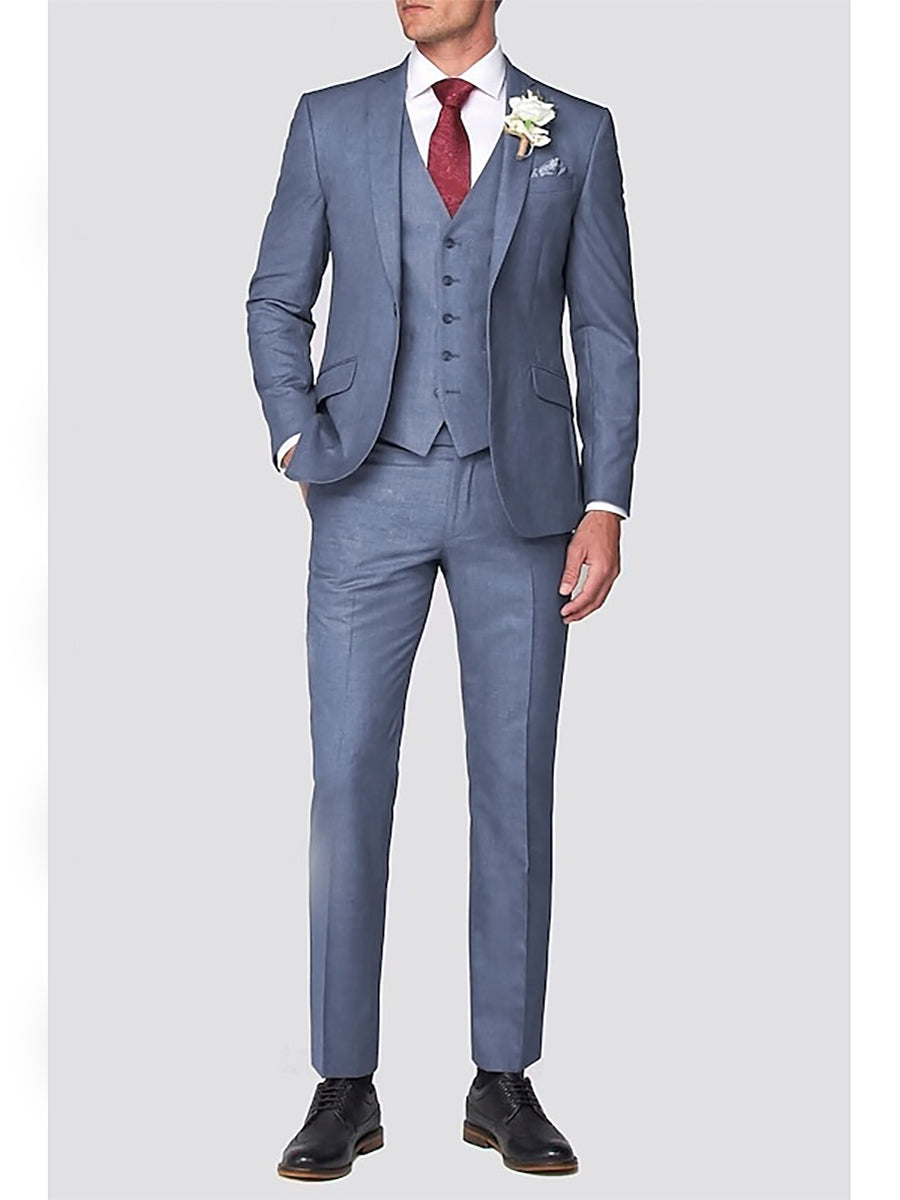 Costume homme 3 pièces bleu poussière, coupe ajustée, revers cranté, droit, 1 bouton, pour mariage/plage/galas