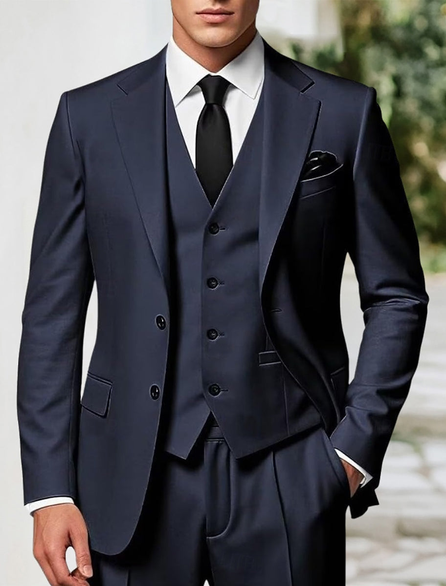 Costume homme 3 pièces bleu marine, affaires, coupe standard, droit, 2 boutons, pour mariage/galas