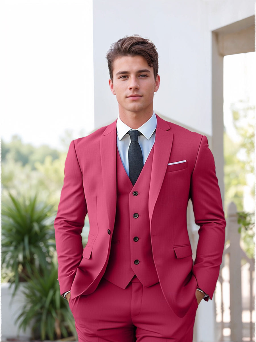 Costume homme 3 pièces fuchsia, droit, 2 boutons, coupe standard, uni, pour mariage/plage/galas