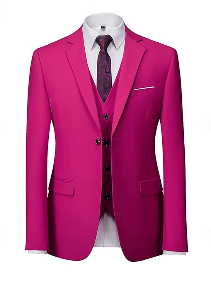 Costume homme 3 pièces fuchsia, droit, 2 boutons, coupe standard, uni, pour mariage/plage/galas