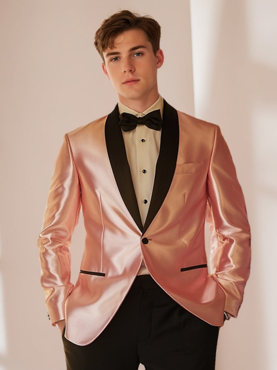 Costume homme 2 pièces rose et noir, droit, 1 bouton, col châle, pour mariage/galas