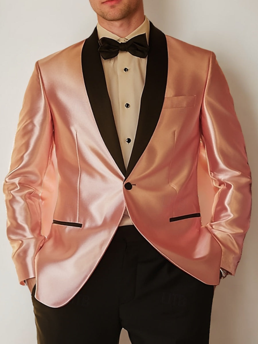 Costume homme 2 pièces rose et noir, droit, 1 bouton, col châle, pour mariage/galas