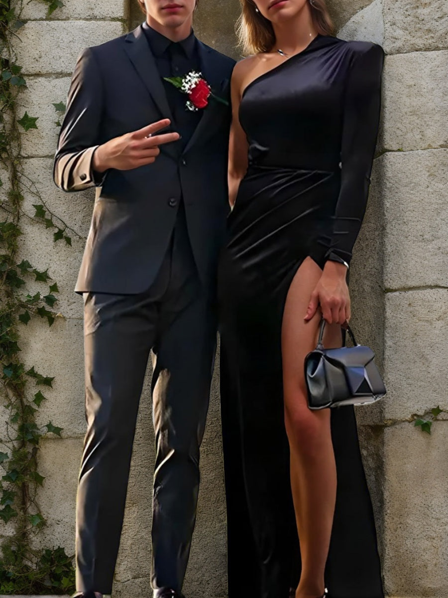 Costume homme 2 pièces noir, droit, 2 boutons, revers cranté, pour mariage/galas