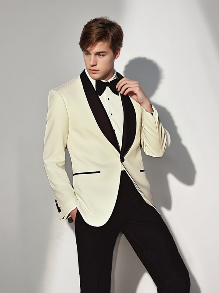 Costume homme 2 pièces noir et blanc, droit, 1 bouton, col châle, cérémonie/galas