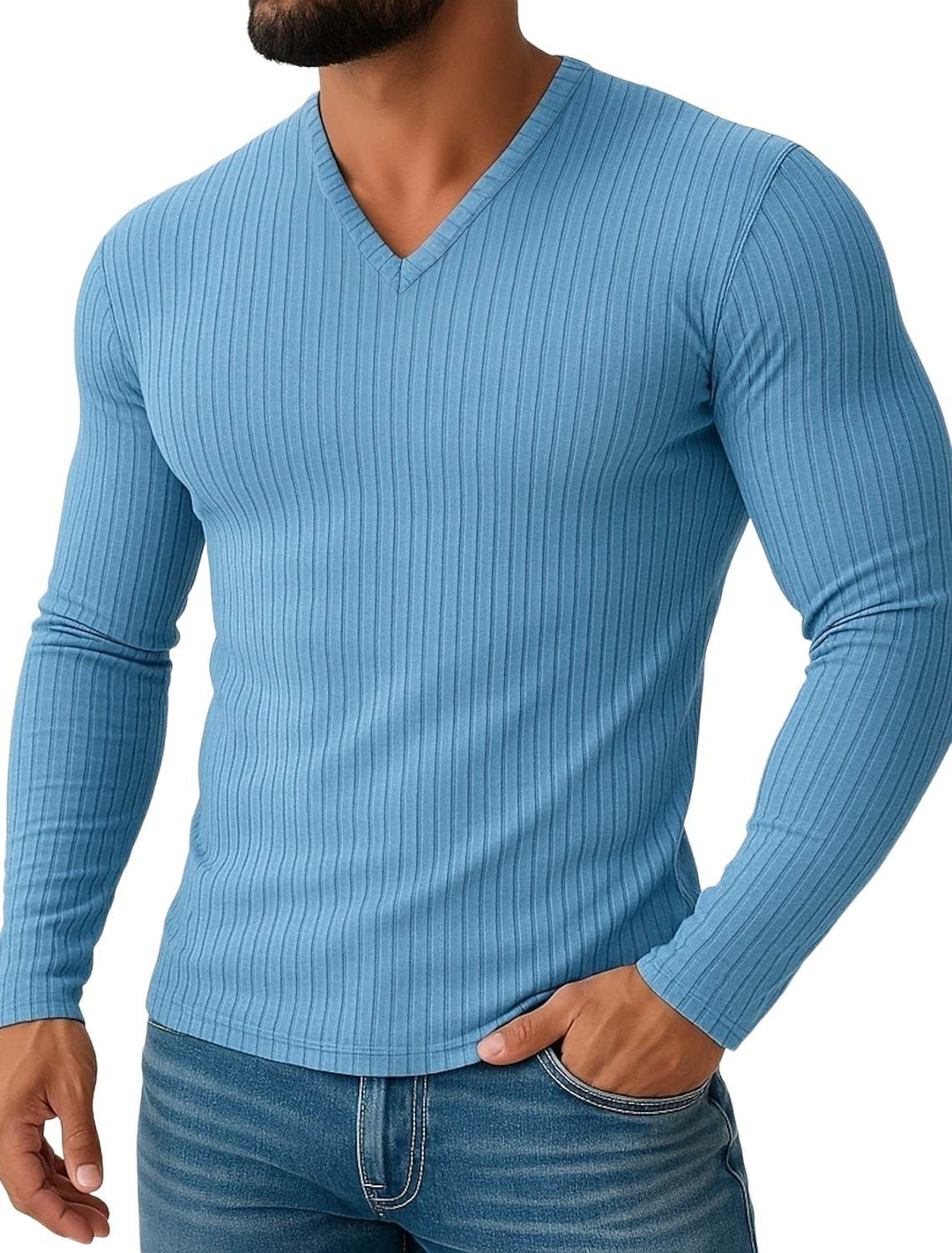 Chemise homme stretch, coupe slim, col V, manches longues, uni