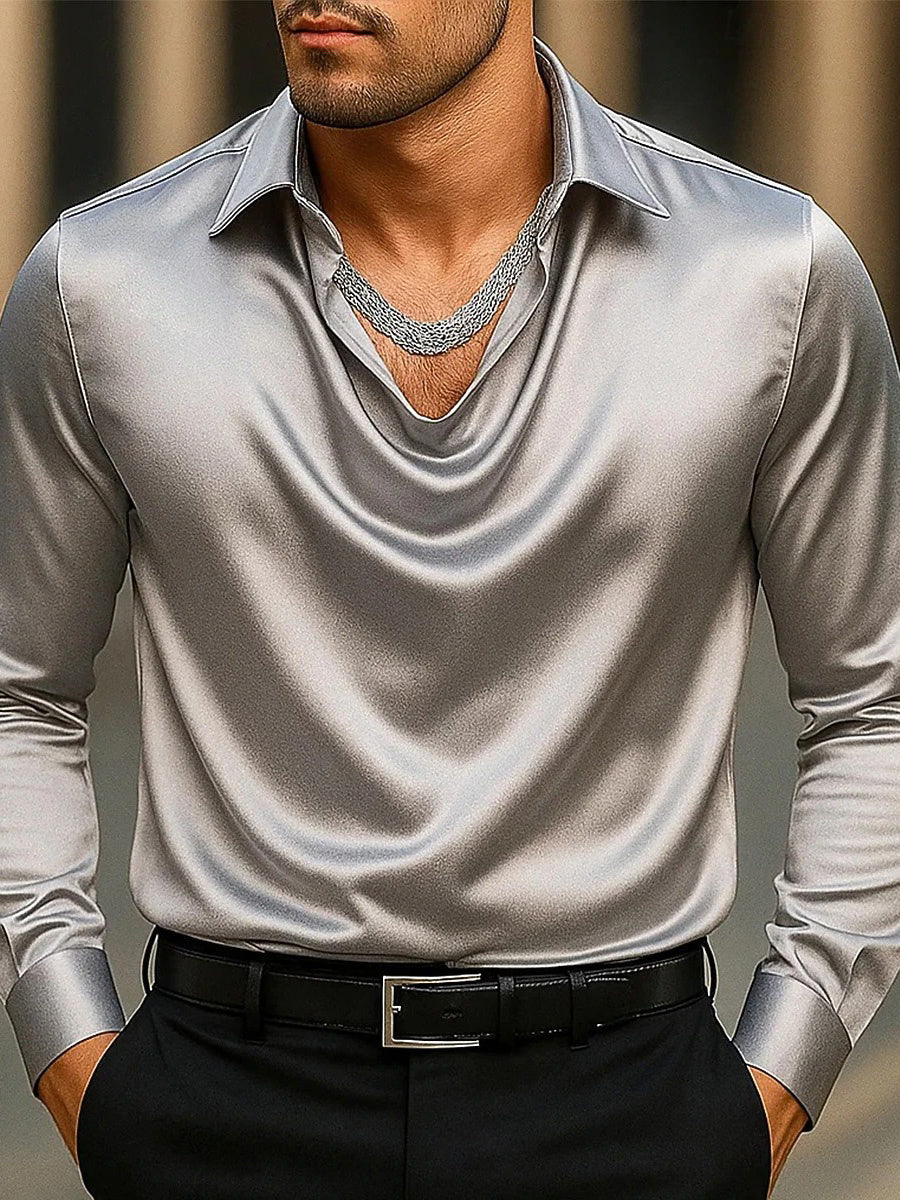 Chemise homme décontractée à manches longues, revers et fronces