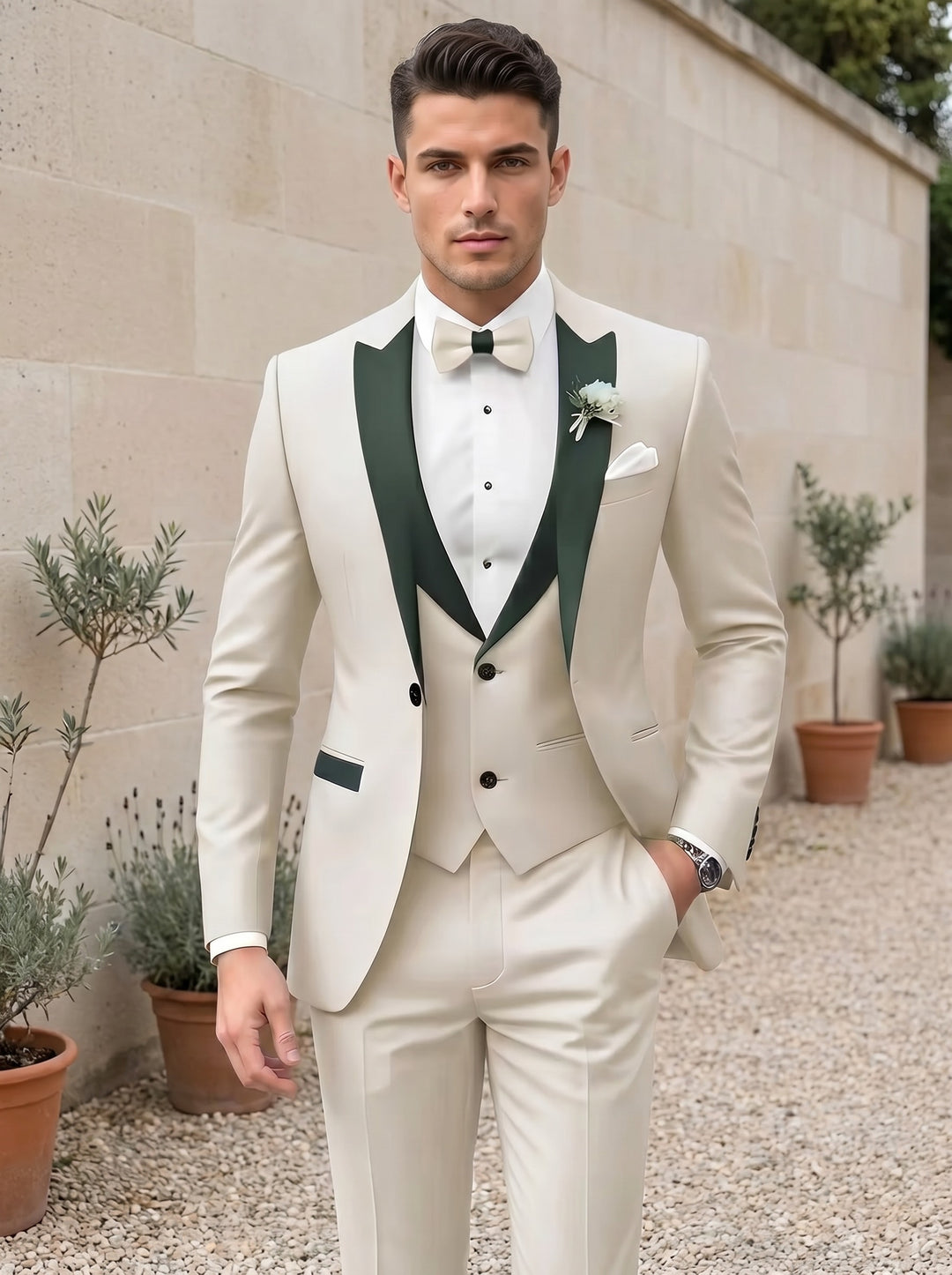 Costume 3 pièces, Simple boutonnage, 1 Bouton, Couleur Unie, Manches Longues