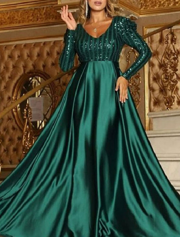 Robe de Soirée A-Line/Princess à Col en V et Manches Longues avec Paillettes