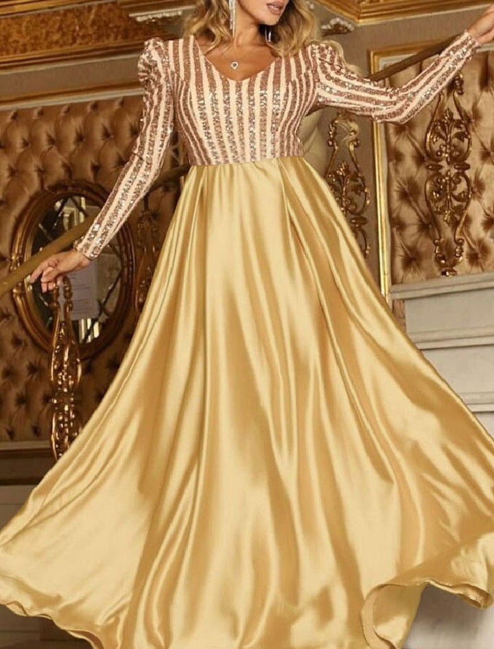 Robe de Soirée A-Line/Princess à Col en V et Manches Longues avec Paillettes