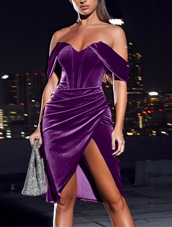 Robe de Mariée Fourreau/Colonne en Velours à Épaules Dénudées avec Fente Sur le Côté