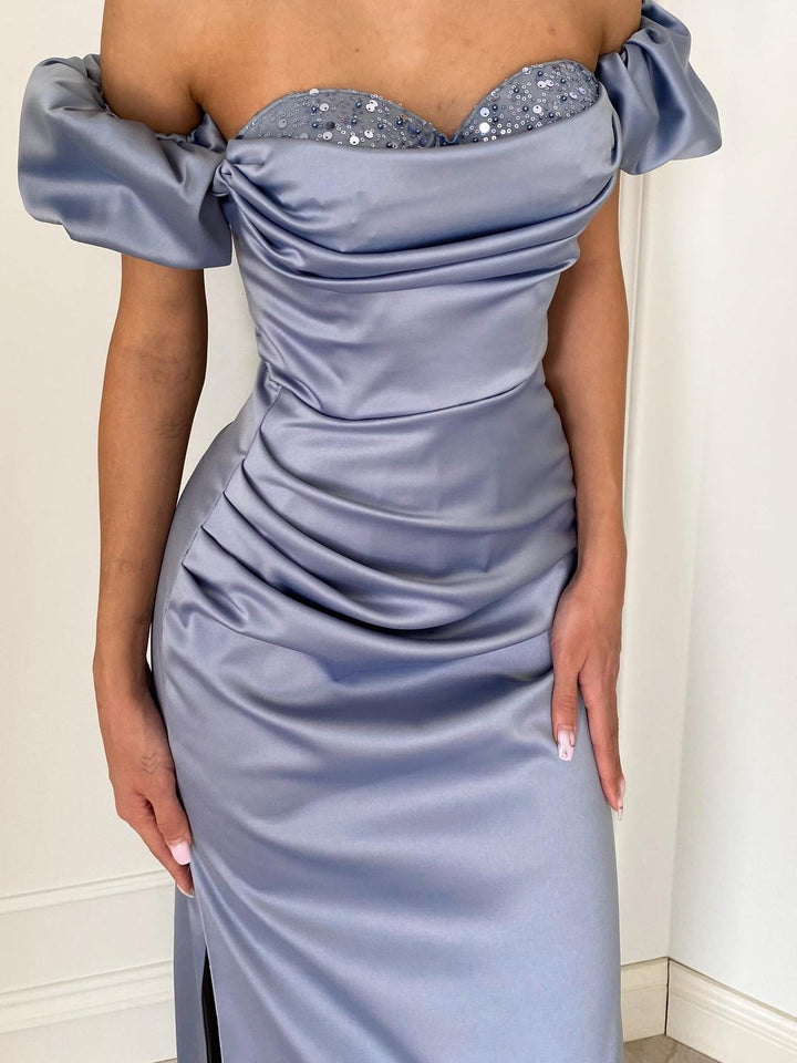 Robe Longue Fourreau/Colonne à Épaules Dénudées avec Fente Latérale et Paillettes