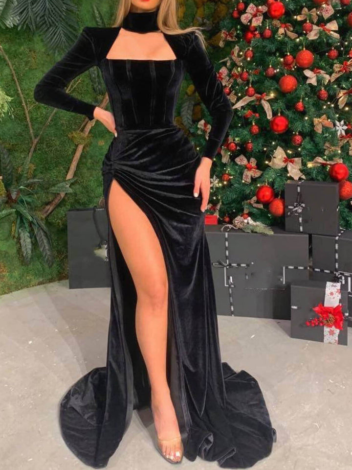 Robe Longue Fourreau/Colonne à Manches Longues avec Fente Sur le Côté