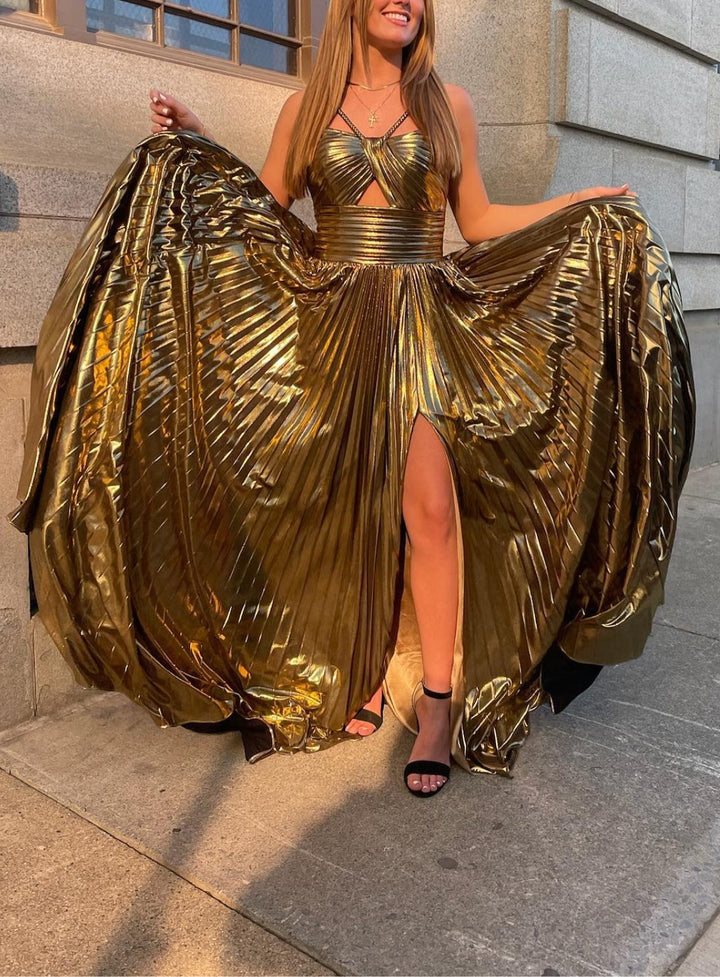 Robe de Soirée Longue de Forme Trapèze/Princesse à Bretelles Spaghetti Sans Manches et Longueur Au Sol avec Fente Sur le Côté