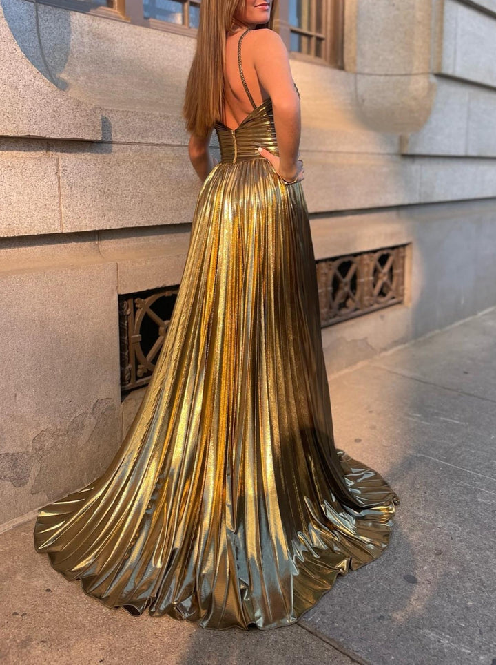 Robe de Soirée Longue de Forme Trapèze/Princesse à Bretelles Spaghetti Sans Manches et Longueur Au Sol avec Fente Sur le Côté