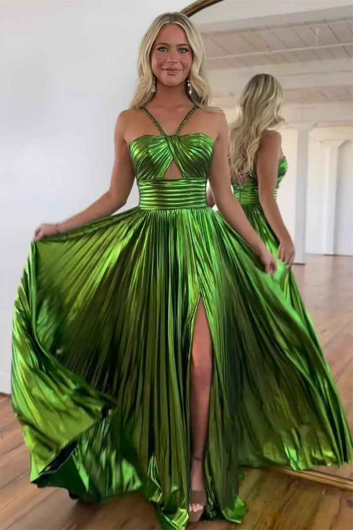 Robe de Soirée Longue de Forme Trapèze/Princesse à Bretelles Spaghetti Sans Manches et Longueur Au Sol avec Fente Sur le Côté