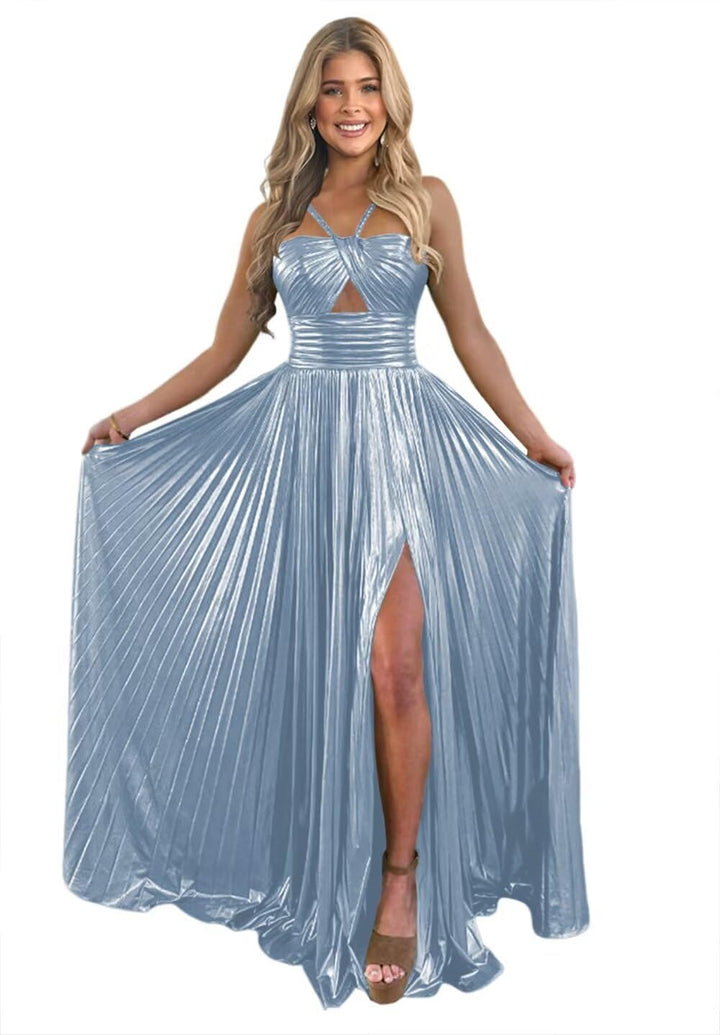 Robe de Soirée Longue de Forme Trapèze/Princesse à Bretelles Spaghetti Sans Manches et Longueur Au Sol avec Fente Sur le Côté