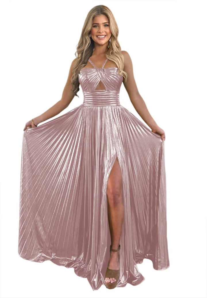 Robe de Soirée Longue de Forme Trapèze/Princesse à Bretelles Spaghetti Sans Manches et Longueur Au Sol avec Fente Sur le Côté