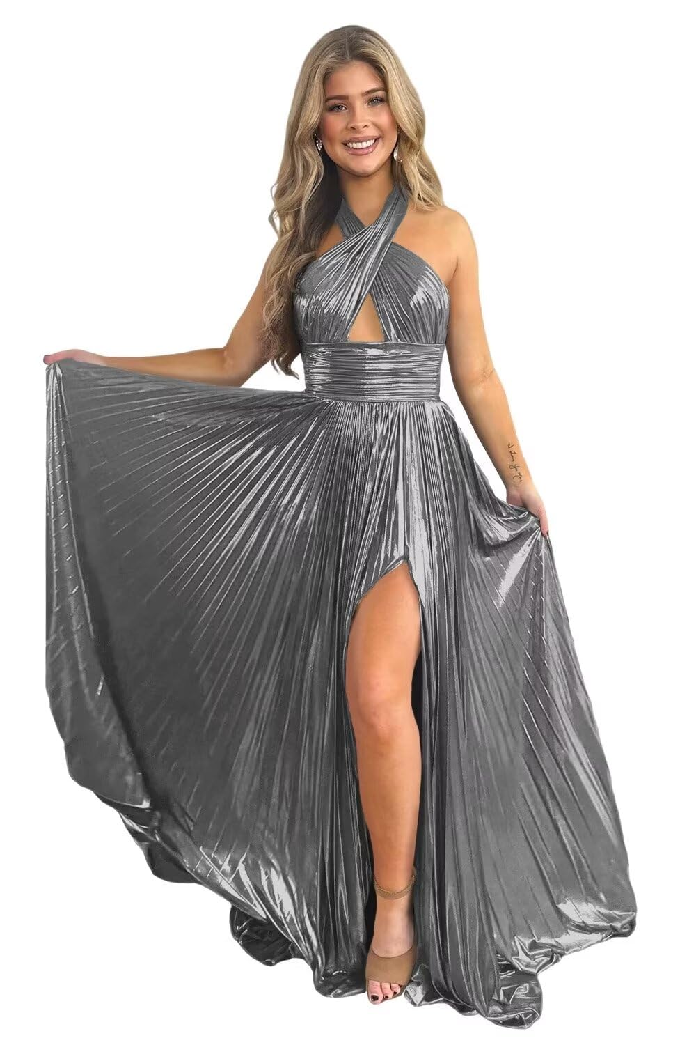 Robe de Soirée Longue de Forme Trapèze/Princesse Sans Manches, Longueur Au Sol, avec Fente Sur le Côté